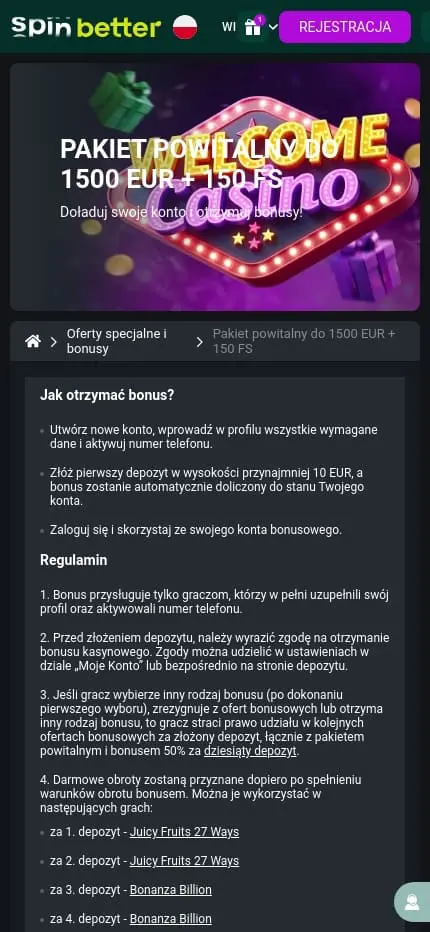 Interfejs panelu bonusowego Spinbetter z prezentacją oferty powitalnej