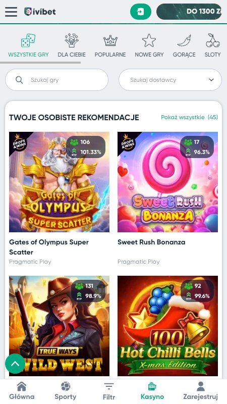 Interfejs kasyna online Ivibet