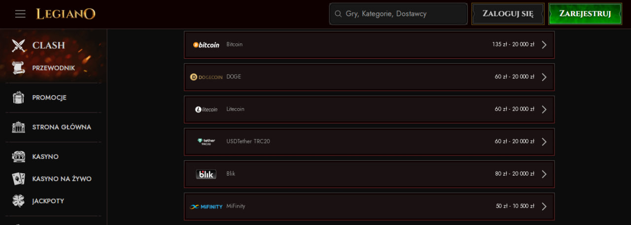 Legiano Wpłaty depozytów i wypłaty wygranych