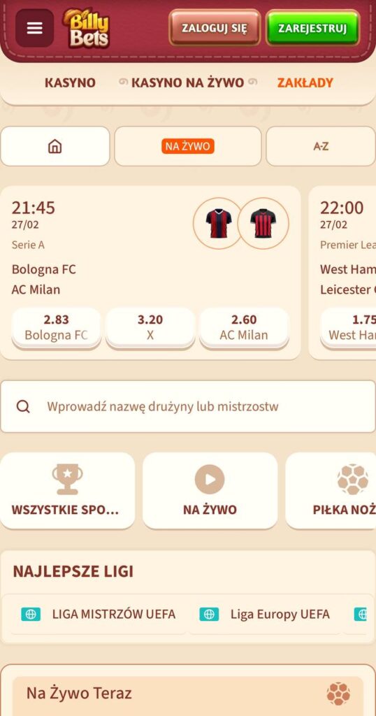 BillyBets bukmacherskie Mobile