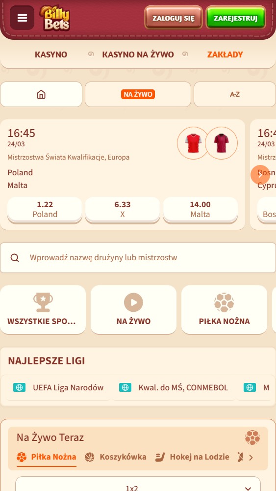 Billybets bookmaker main page