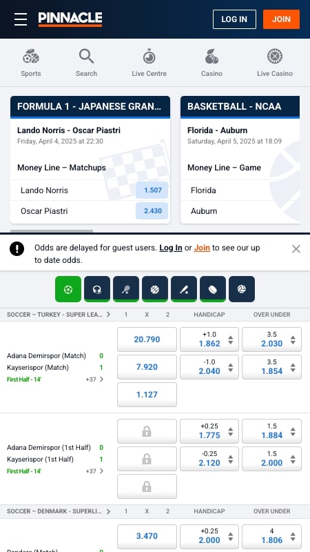 Pinnacle bookmaker page