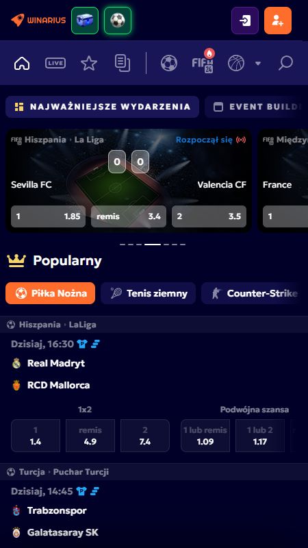 Sekcja zakładów sportowych online w Winarius