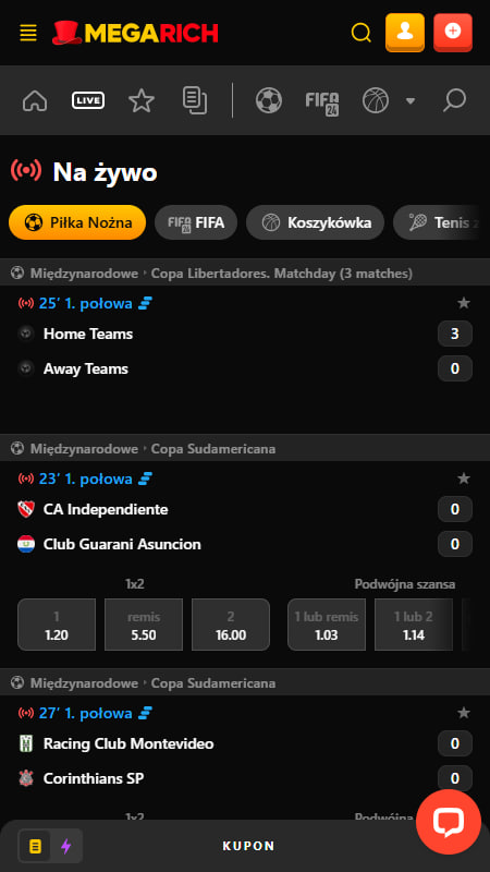 Zakłady na żywo w Megarich