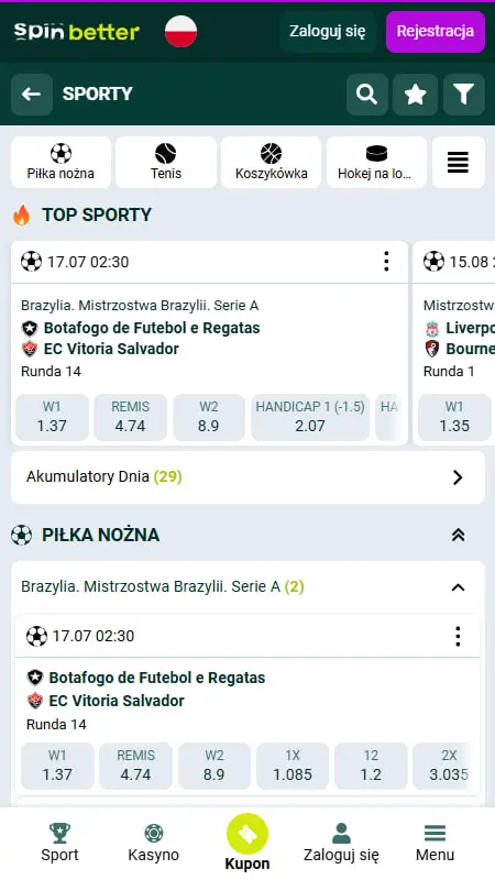 Interfejs platformy Spinbetter z widocznymi zakładami sportowymi i kursami