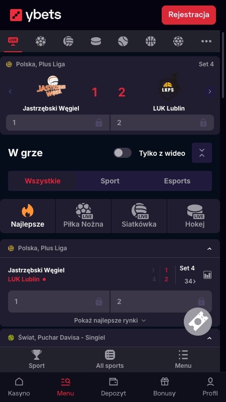 Interfejs zakładów na żywo w Ybets