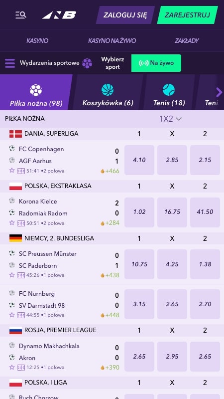 Interfejs zakładów na żywo w Naobet