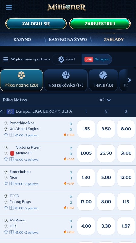 Interfejs zakładów na żywo w Millioner