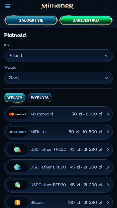 Metody płatności w Millioner