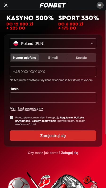 Tworzenie konta w Fonbet