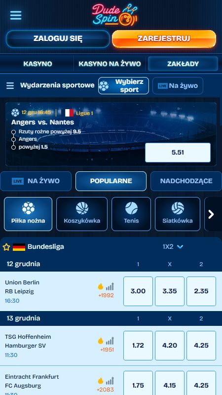 Sekcja zakładów sportowych online w DudeSpin