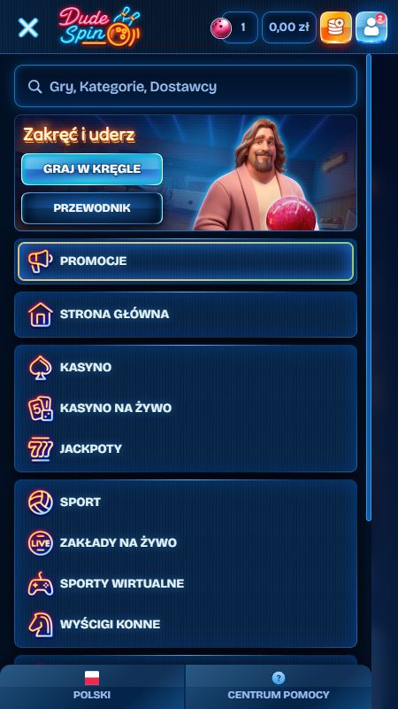 Przeglądaj pełne opcje menu witryny DudeSpin