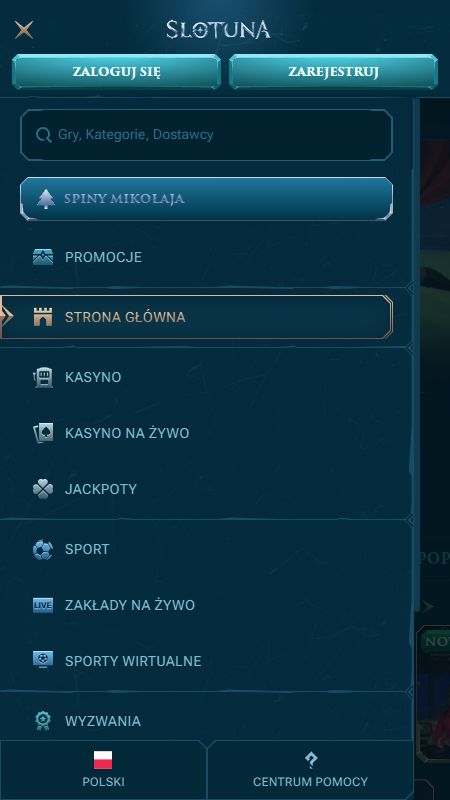 Przeglądaj pełne opcje menu witryny Slotuna