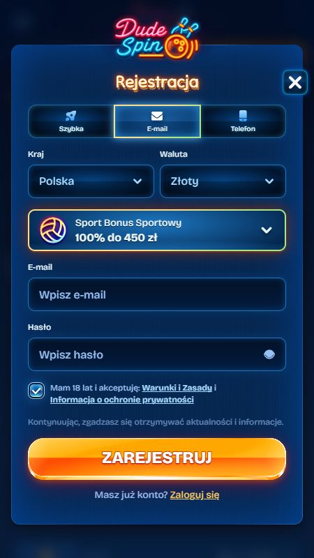 Tworzenie konta w DudeSpin