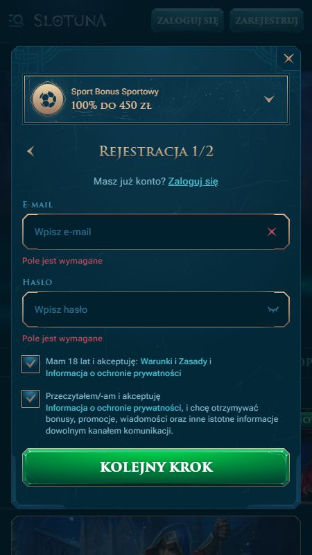 Tworzenie konta w Slotuna