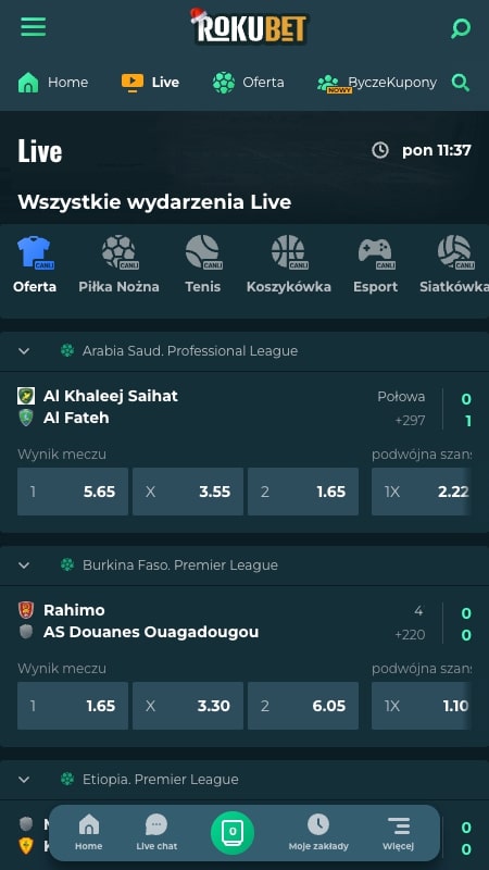 Interfejs zakładów na żywo w Rokubet