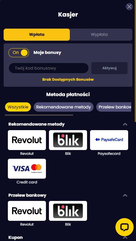 Sekcja metod płatności w SlotsGem