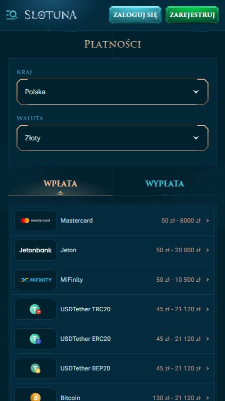 Sekcja metod płatności w Slotuna