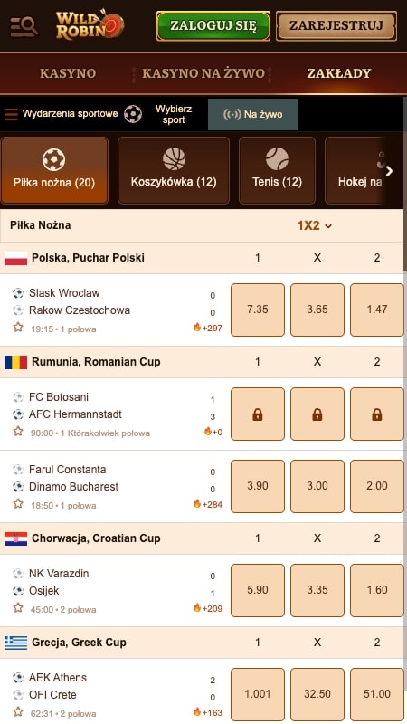 Interfejs zakładów na żywo w WildRobin