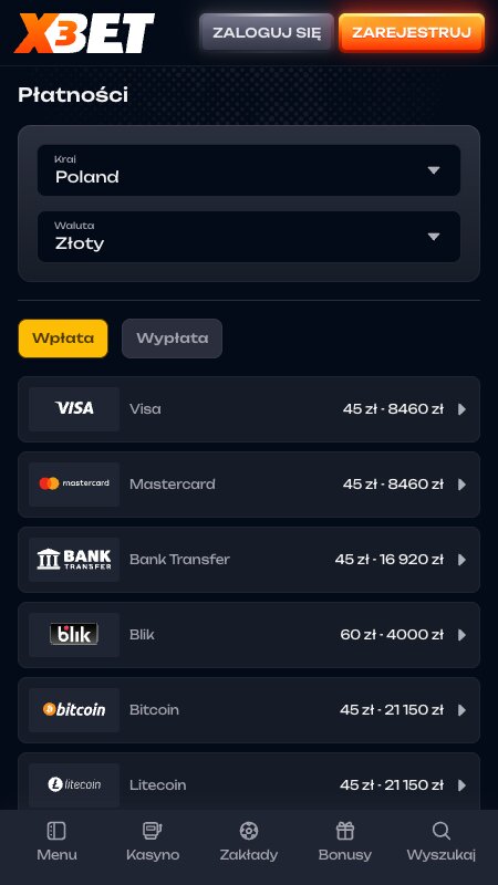 Metody płatności w X3bet