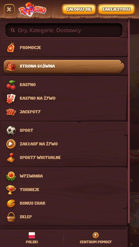 Przeglądaj pełne opcje menu witryny Roostino