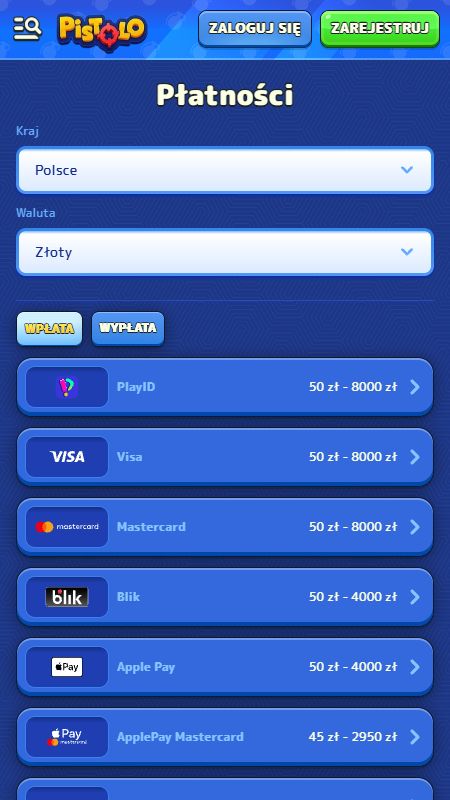 Sekcja metod płatności w Pistolo