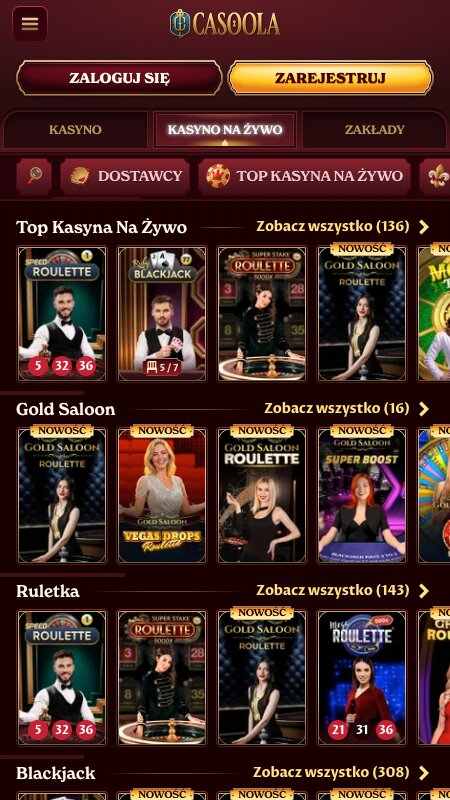 Interfejs kasyna na żywo Casoola