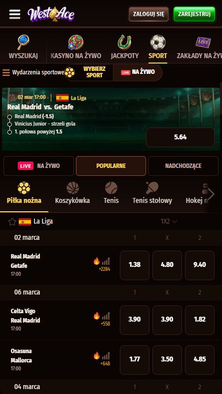 Sekcja zakładów sportowych online w WestAce