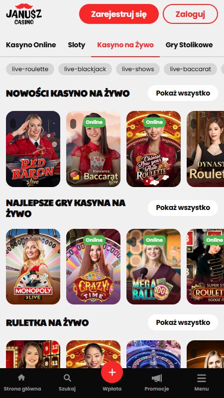 Interfejs kasyna na żywo Janusz