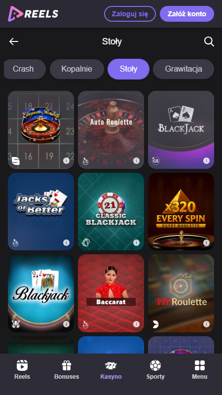 Reels.io kasyna Gry stołowe