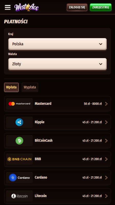 Sekcja metod płatności w WestAce
