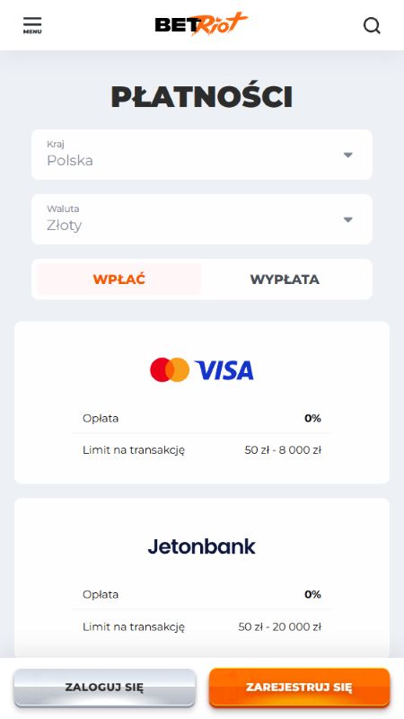 Sekcja metod płatności w Betriot