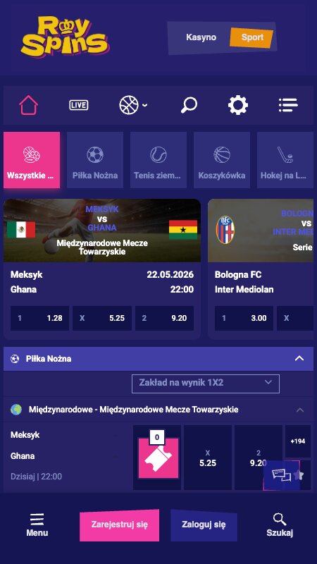 Interfejs zakładów sportowych RoySpins