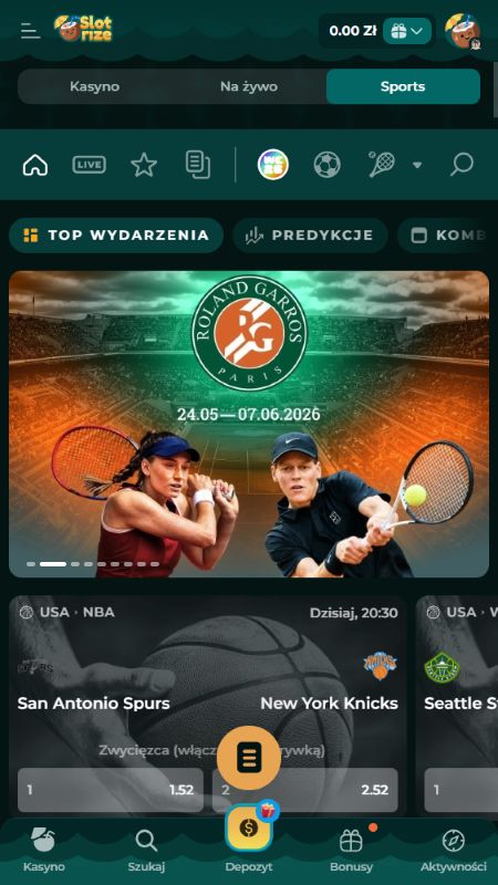 Sekcja zakładów sportowych online w Slotrize 