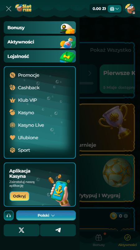 Przeglądaj pełne opcje menu witryny Slotrize
