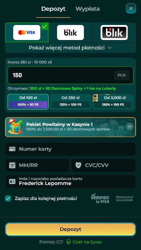 Sekcja metod płatności w Slotrize 